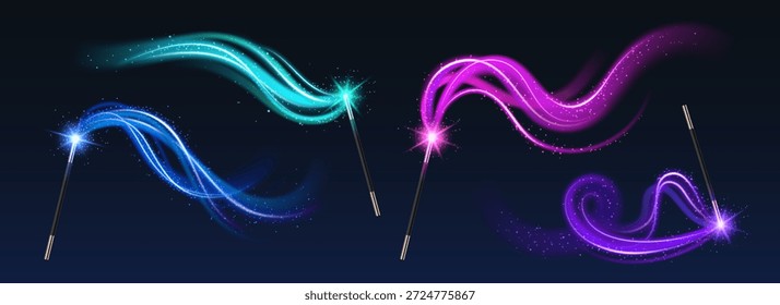 Conjunto 3D de varitas mágicas con efecto de luz y brillo aislado sobre fondo negro. Vector ilustración realista del palo de mago de cuento de hadas con rastros de color y remolinos brillantes, accesorio de mago