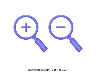 3D Set of magnifying glass icons with plus, minus marks. Trendy and modern vector in 3d style