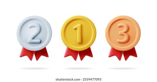 3d set of medals with red ribbons. Render gold, silver, bronze champion medal. Winners medallion. First, second, third place, achievement, award, prize, leader badge or bonus. Vector illustration