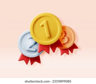 3d set of medals with red ribbons. Render gold, silver, bronze champion medal. Winners medallion. First, second, third place, achievement, award, prize, leader badge or bonus. Vector illustration