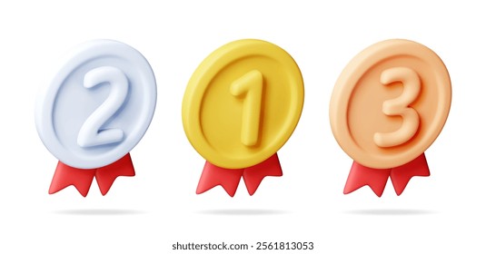 3d set of medals with red ribbons. Render gold, silver, bronze champion medal. Winners medallion. First, second, third place, achievement, award, prize, leader badge or bonus. Vector illustration