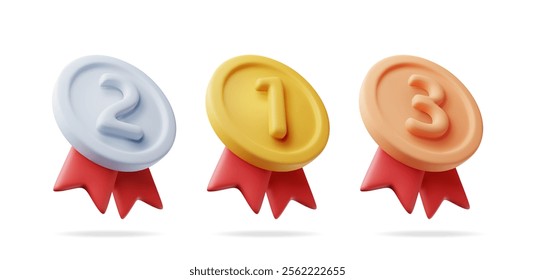 3d set of medals with red ribbons. Render gold, silver, bronze champion medal. Winners medallion. First, second, third place, achievement, award, prize, leader badge or bonus. Vector illustration