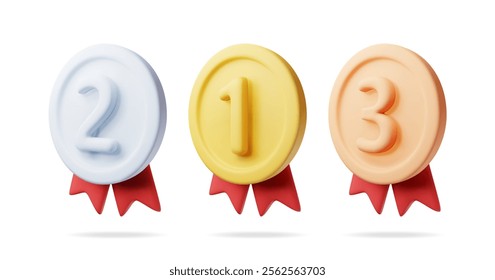 3d set of medals with red ribbons. Render gold, silver, bronze champion medal. Winners medallion. First, second, third place, achievement, award, prize, leader badge or bonus. Vector illustration