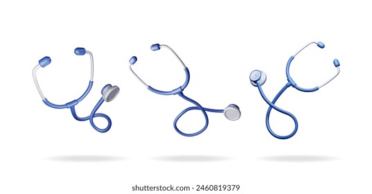 3D set of medical stethoscope isolated on blue. Render collection of stethoscope doctor instrument icon. Medicine and healthcare, cardiology, pharmacy drugstore, medical education. Vector illustration