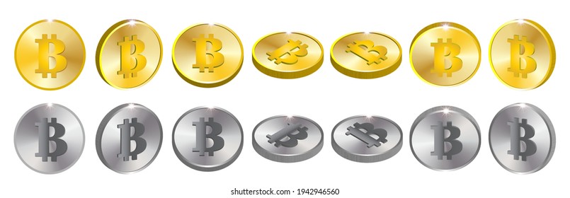 3D set of metal coin tokens with electronic cryptocurrency signs. Gold, silver and bright shining highlights