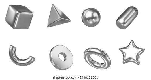 3d set metal shapes: square, sphere, pyramid, torus, star, icosphere, disk, capsule. Silver simple figures for your design on isolated background. Stock vector illustration on isolated background.