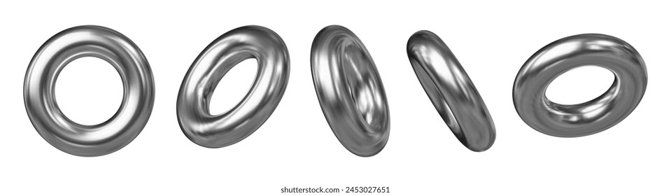 3D-Satz von Metall-Torus-Symbol oder Symbol mit verschiedenen Winkeln. Geometrie Figur für Formular. Vektorillustration des Bestands auf isoliertem Hintergrund.	
