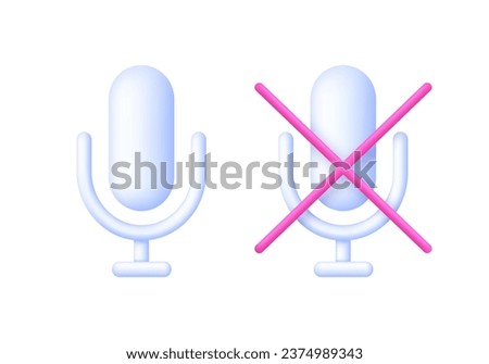 3D Set of Microphone illustration. Sound icon, speaker sign. Audio control concept. Sound and no sound icon. Audio equipment for broadcasts and interviews. Trendy and modern vector in 3d style.