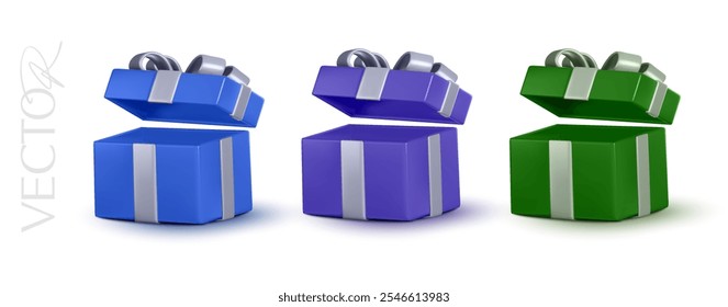 3d set of minimal opened gift boxes in blue, purple and green with ribbons, isolated on white background. Gift box set icon in 3d vector