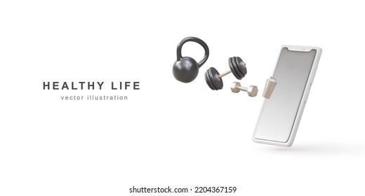 3d set of mobile phone and sport equipment. Realistic fitness inventory, gym accessories. Dumbbell, fitness tracker and bottle. Healthy lifestyle concept. Vector illustration.