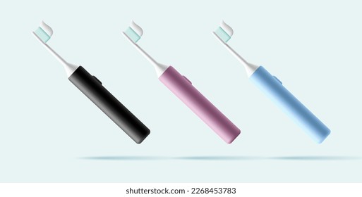 3D set of modern electric toothbrushes for dental care with paste on the brush. View from the side. Colored brushes for the concept of everyday dental care. Illustration on a white background.