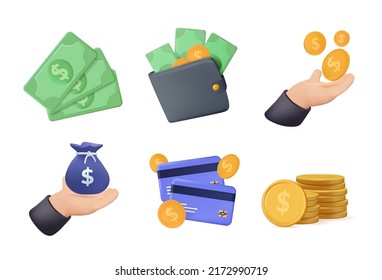 3D Set of Money Related Vector render Icons. Icon Wallet, ATM, Bundle of Money, Hand with a Coin. Cashback icon set, Return money, Cash back rebate. Financial services, money refund, return investment