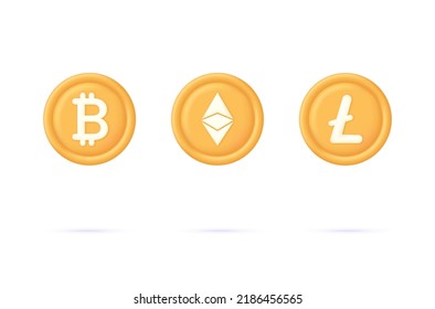 3D Set of most famous cryptocurrency coins. Finance, global digital money. Buy or sell currency online. Cryptocurrency transaction. Online banking. Modern vector in 3d style.