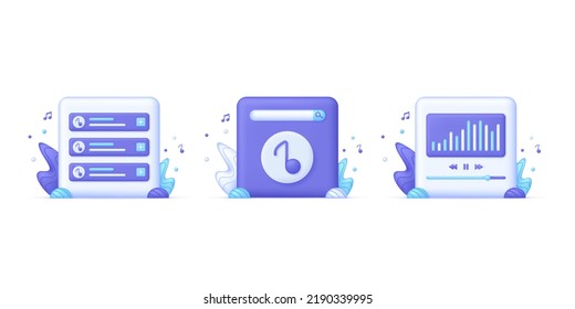 3D Set of Music concept. Favorite playlist with tracks, search music and audio streaming. Searching for a music with search tab. Online music. Modern vector in 3d style.