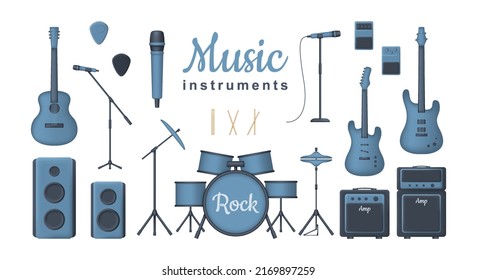 3d set of musical instruments for rock concert isolated on white background. Acoustic, electric and bass guitar, amplifyer, drum kit, sound speakers and microphones. Vector illustration