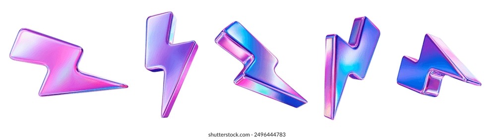 3d set neón cargador símbolo. Trueno de signo holográfico. Símbolo de energía, peligro. Descarga eléctrica minimalista. Ilustración vectorial de stock.	
