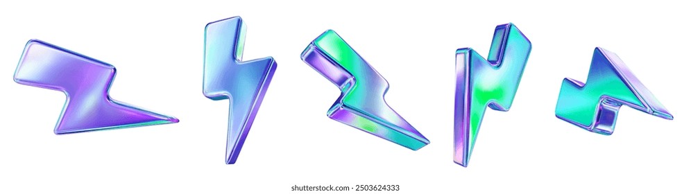 3d set neón cargador símbolo. Trueno de signo holográfico. Símbolo de energía, peligro. Descarga eléctrica minimalista. Ilustración vectorial de stock.	
