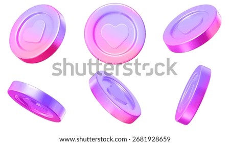 3d set of neon coins with heart, different angles. Holographic symbol of love. Stock vector illustration on isolated background.	