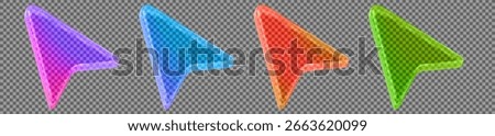 3d set neon glass transparent arrow cursor icon. Y2k style. Stock vector illustration on isolated background.	