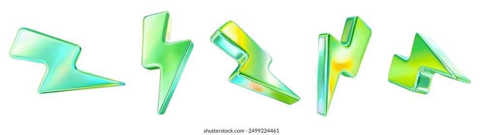 Conjunto 3D de neón verde cargador símbolo. Trueno de signo holográfico. Símbolo de energía, peligro. Descarga eléctrica minimalista. Ilustración vectorial de stock.	