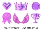 3d set of neon heart, crown, medal, coin with star, wings, trophy. Stock vector illustration on isolated background.