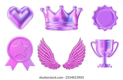 3d set of neon heart, crown, medal, coin with star, wings, trophy. Stock vector illustration on isolated background.