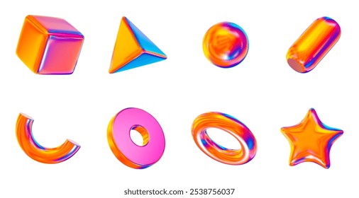 formas 3d conjunto neon ou holográfico: quadrado, esfera, pirâmide, toro, estrela, icosphere, disco, cápsula. Figuras simples de metal para o seu design. Ilustração de vetor de estoque em plano de fundo isolado.