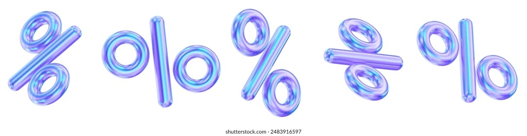 Conjunto 3d de signos de porcentaje de neón descuento con diferentes ángulos. Regalo de cupón. Ilustración vectorial de stock sobre fondo aislado.