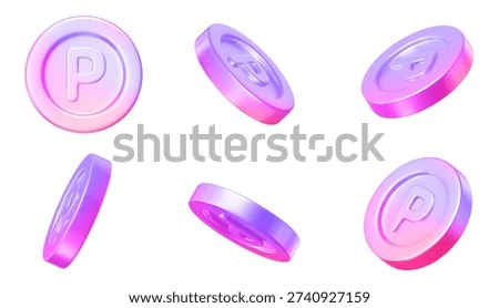 3D set neon point coins with different angles. Stock vector illustration on isolated background.	
