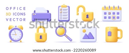 3d set office, business, finance, education icons. Render office symbol for desktop. 3d vector cartoon minimal illustration