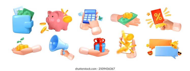 3D set on the topic of finance, saving and money, stocks, trade and earnings. Vector illustration