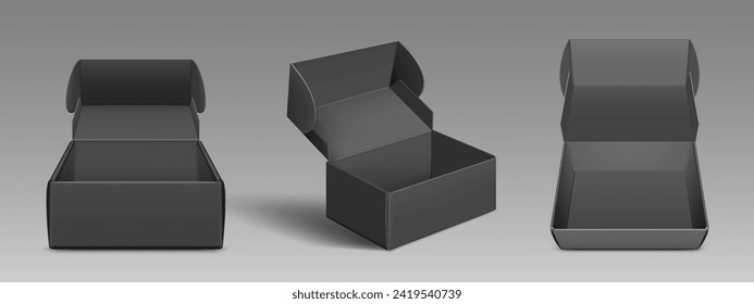 Conjunto 3D de cajas negras abiertas aisladas en el fondo. Ilustración vectorial realista del paquete de cartón vacío para cosméticos de lujo, zapatos, orden de compra, contenedor de papel blanco para la entrega de mercancías