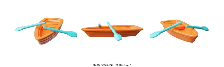 3d set of orange wooden boats with oars from different sides. Transport vessel. Fishing equipment. For leisure, recreation and ferry. Cartoon style. Isolated background. Vector illustration.