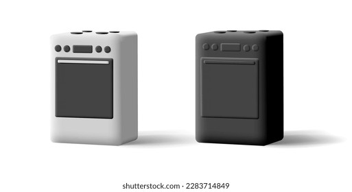 3d set of ovens with gas hob. White and black design. For cooking. Image on a light background.