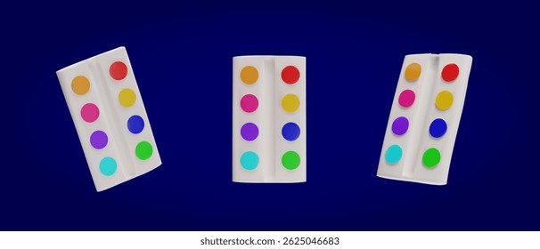 3d set paint plastic pallet with watercolor. Three-dimensional collection vector illustration symbol of drawing. Back to school. Creativity instrument for artist. Educational equipment for hobby art.