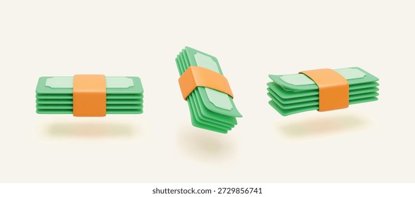 3D set of paper banknotes heap. Vector bundles of green paper currency, pack of money. Money management and financial saving icon. Paper currency cash payment. Finance, earning and wage concept