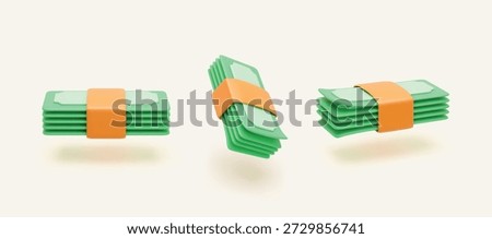 3D set of paper banknotes heap. Vector bundles of green paper currency, pack of money. Money management and financial saving icon. Paper currency cash payment. Finance, earning and wage concept