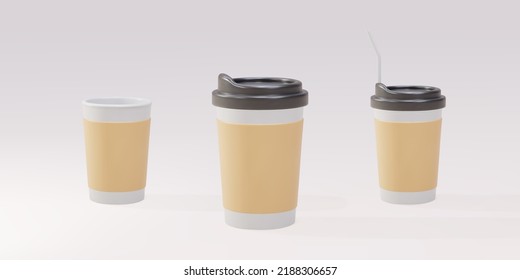 3D set of paper coffee cups with and without a straw. vector illustration.