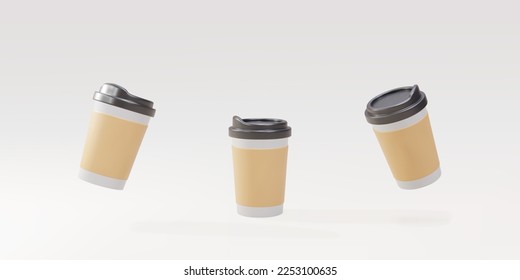 3d pone tazas de café de papel sobre un fondo blanco. Ilustración vectorial. 