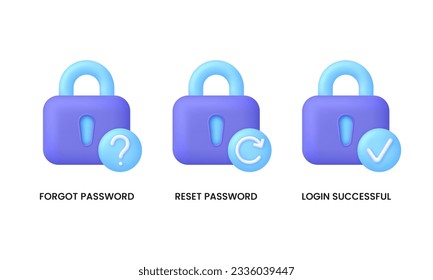 3D Set of password illustrations. Forgot, reset password and login successful. Cyber security to Protect Personal Data. User authorization, sign in to account, authentication page. Vector in 3d style.