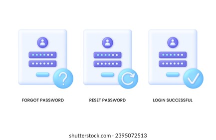 3D Set of password illustrations. Forgot, reset password and login successful. Cyber security to Protect Personal Data. User authorization, sign in to account, authentication page. Vector in 3d style.