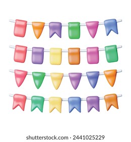 3D Set of Pennant Bunting Flags Isolated on White. Render Bunting Festive Garland Realistic Icon. Horizontal Color Party Decoration. Holiday, Birthday, Party Celebration. Cartoon Vector Illustration