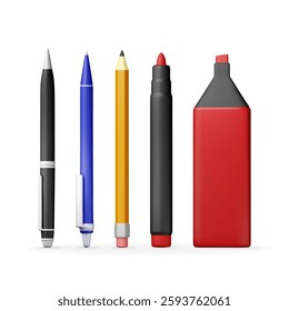 3D set of pens, pencil, markers isolated on white. Render collection of ballpoint pen, pencil with rubber eraser and felt pen. Office and school equipment supply, stationery. Vector illustration