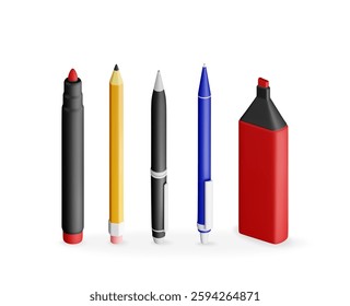 3D set of pens, pencil, markers isolated on white. Render collection of ballpoint pen, pencil with rubber eraser and felt pen. Office and school equipment supply, stationery. Vector illustration