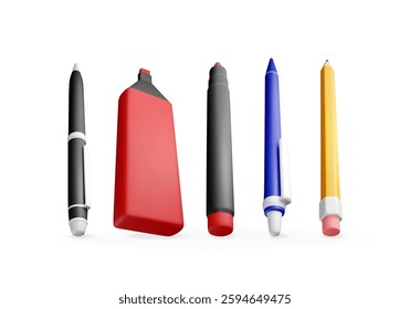 3D set of pens, pencil, markers isolated on white. Render collection of ballpoint pen, pencil with rubber eraser and felt pen. Office and school equipment supply, stationery. Vector illustration