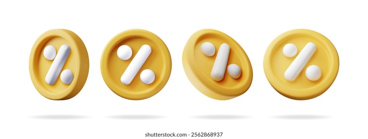 3D set of percent sign in gold coin isolated. Render money, finance or business concept. Percentage, sale, discount, promotion and shopping symbol. Offer, price tag, coupon, bonus. Vector illustration