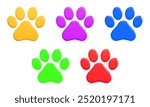 3d set pet paw yellow,purple,blue,green and red colors. Cartoon style. Stock vector illustration on isolated background.