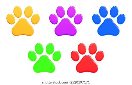 3d set pet paw yellow,purple,blue,green and red colors. Cartoon style. Stock vector illustration on isolated background.