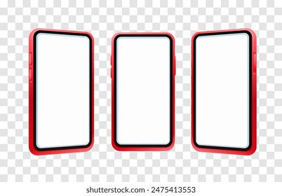3d set phone red, transparent background, template mobile screen. Vector illustration