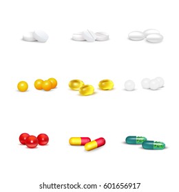 3D set of pills and capsules of various shapes and colors on white background isolated vector illustration